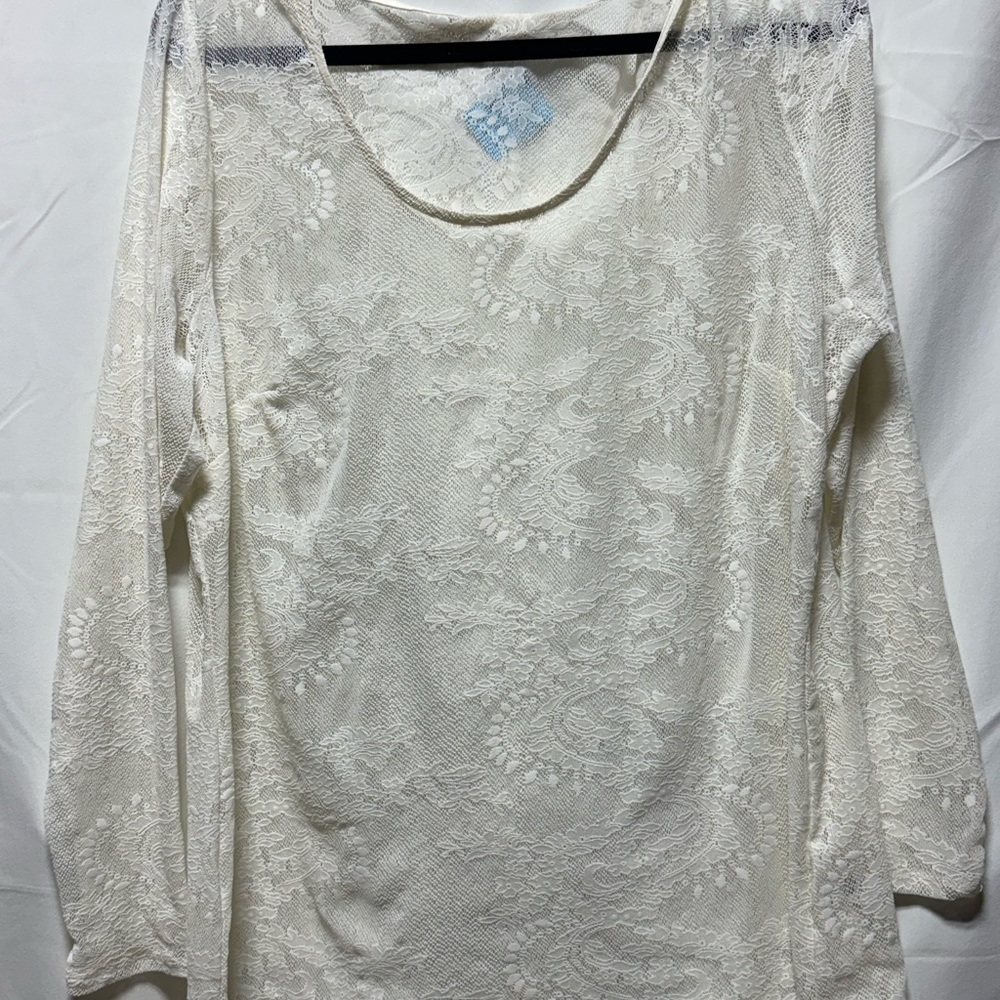 Women's Lace Overlay Long Sleeve Top - Ivory